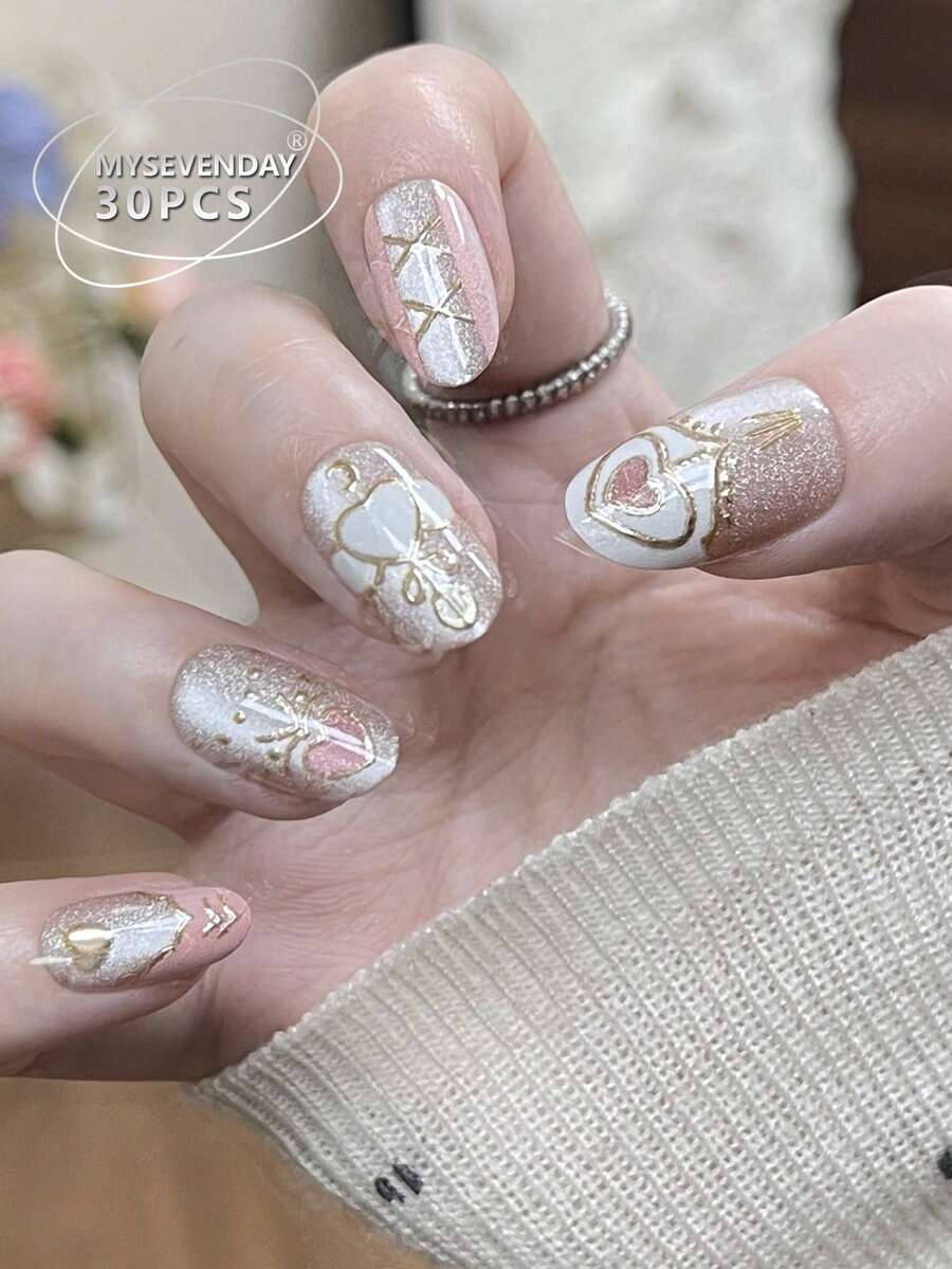 30pcs Almond Shaped/Cute Sweet Korean/Japanese Style False Nail Stickers For Women, Suitable For Parties, Festivals And Daily Use. Includes 1pc Glue And 1pc Nail File - Multicolor - View 1