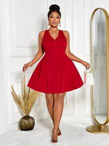 BIUBIU Women's Chic Red Sleeveless Fit And Flare Button Midi Dress Gorgeous Knit High Stretch Design For Date Nights And Curve Vacation Outfits - Bright Red - View 2