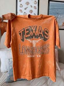 Texas Longhorns Graphic Showcasing Iconic Longhorn With Vintage Distressed Lettering, Casual Tee Ultimate Fan 220g Comfortable Fit2025 - Orange - View 12