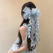 1pc AYLHFO Spring/Summer New Bridal Artificial Flower Mesh Long Ribbon Bow Hair Clip, Women's Fashion Bohemian Style Exaggerated Large Long Ribbon Tulip Bow Hair Clip, Bridal Wedding Hair Accessory, Suitable For Daily And Wedding Party Wear - màu xanh da trời - Xem 11