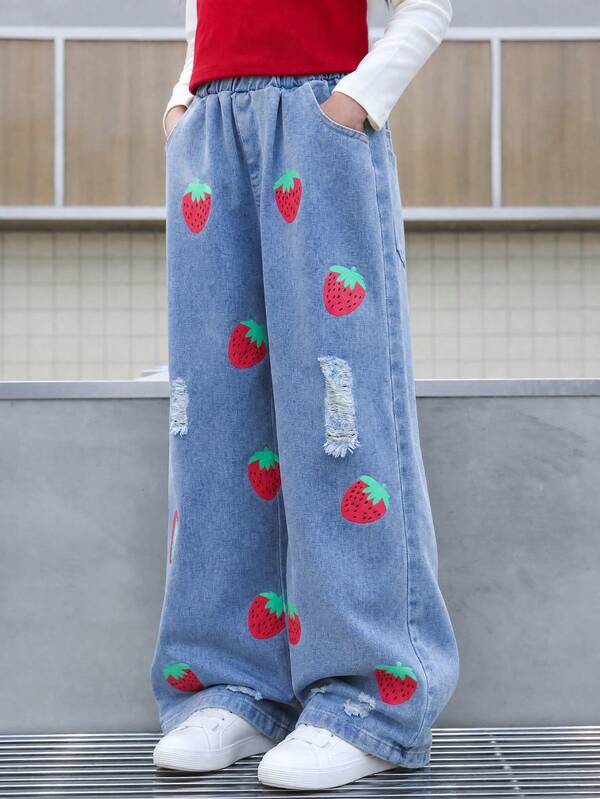 1pc Girls' Casual Strawberry Print Denim Jeans, Children's Ripped Straight Leg Pants With Elastic Waist, Comfortable Tween Girl Clothing