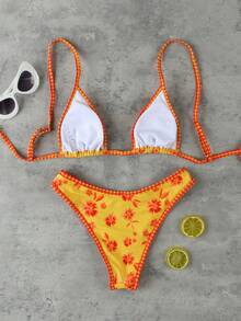 Women's Yellow Red Floral Bikini Contrast Stitch Trim Halter Triangle Top High Cut Bottom Beach Swimwear - Multicolor - View 7