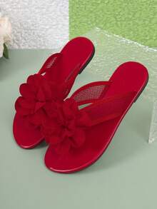 Solid Color Fashion Fabric Floral Thong Sandals Beach Vacation - Red - View 16