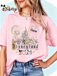 Breathable Cotton Disneyland Fan Tee | Personalized Name Disneyland 2026 Castle Print | Custom Vacation Pullover Shirt - Hồng - Xem 1