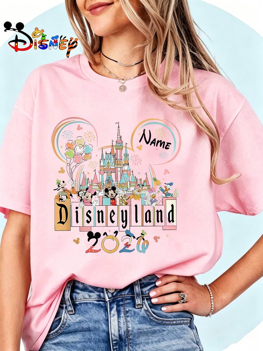 Breathable Cotton Disneyland Fan Tee | Personalized Name Disneyland 2026 Castle Print | Custom Vacation Pullover Shirt - Hồng - Xem 1