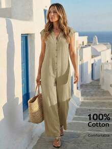 Women's Versatile And Fashionable Solid Color Jumpsuit With Buttons For Vacation - Khaki - View 1