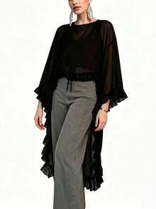 Kimono de gasa transparente con volantes para mujer, cobertura de manga larga con dobladillo asimétrico - Negro - Ver 5