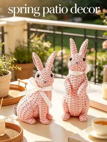 1pc Rabbit Figurine With White Ribbon - Farmhouse Style Easter Spring Home Decor, Cute Rabbit Statue For Desk, Suitable For Living Room, Bookshelf, Fireplace, Ideal Gift For Rabbit Lovers And Housewarming - Pink - View 1