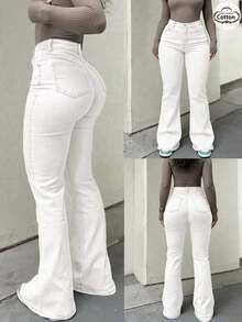 GILIPUR Jeans acampanados y desgastados estilo Y2K para mujer, de unicolor, cintura alta, ajuste delgado, elegante y casual, de mezclilla azul lavada elástica y de larga duración, para uso urbano en primavera - Blanco - Ver 3