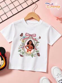 Officially Licensed Disney Moana Kids T-Shirt, 100% Cotton Floral Frame & Pink Bow Graphic Tee With Butterflies, Unisex For Boys & Girls Ages 4-14, Soft Breathable Fade-Resistant Fabric, Ideal For Theme Park, School & Daily Casual Wear, Perfect For Vacation, Birthdays & Children's Day Gifts - trắng - Xem 2