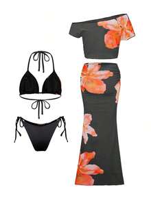 Bonvoyette Conjunto de 4 piezas para vacaciones de mujer: Top de bikini con estampado de cuello halter, Bottom de traje de baño, falda larga tipo sarong y cubre-todo - Negro 2 - Ver 5