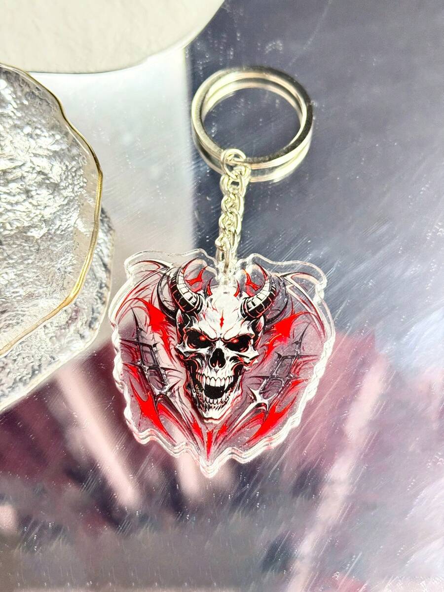 2D Flat, Creative Skull Demon Design Keychain Pendant, Decor For Backpack And Car Keys, Holiday Gift For Best Friends And Family, Fun Present - Old Gold - View 1