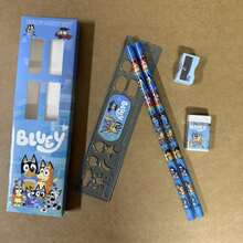Bluey 6件套布鲁伊家庭宾果朋友文具套装（包括钢笔、尺子、卷笔刀、橡皮和笔记本），布鲁伊便携式文具套装礼盒，可爱卡通风格，派对小礼物，实用办公桌配件，理想的返校礼物，生日礼物，派对小礼物和奖励奖品，节日和派对用品 - A - 查看 7