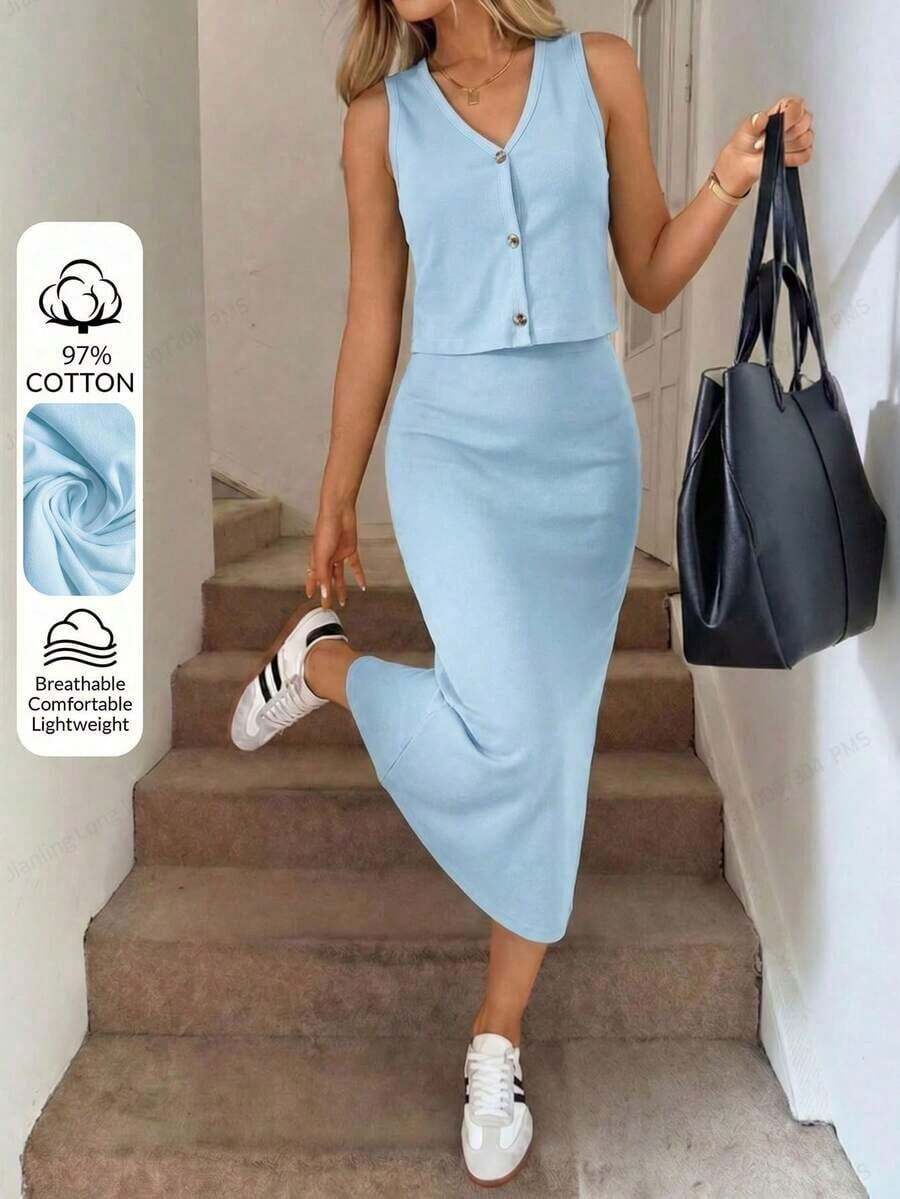 Conjunto de 2 piezas de chaleco de un solo pecho de unicolor y minifalda casual, conjunto de negocios casuales, coordinados para mujer, conjunto de verano, atuendo de oficina para mujer - Azul - Ver 1