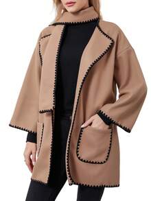 Womens Loose Coat Turn Down Collar Open Front Cardigan Coat With Contrast Edge Scarf 2 Piece Set For Winter - Khaki - View 1