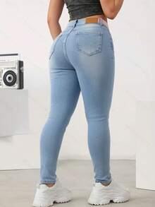 Jeans ajustados elásticos con roturas estilo casual juvenil - azul claro - Ver 5