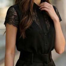 Fashion Women's Clothing  Blusa elegante de mujer con parches de encaje y manga corta abotonada - Negro01 - Ver 6