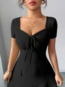 Nuevo 2026  Nuevo vestido mini de verano de ajuste ceñido con nudo delantero, de punto jacquard de crema de mantequilla sexy para mujeres - Negro - Ver 4