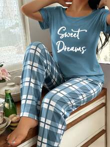 Comfortable Casual Letter Print Short Sleeve 2 Pieces Pajama Set Women Plaid Long Pants Loungewear - Teal Blue - View 3