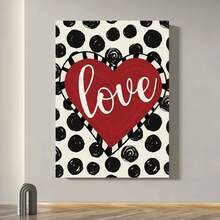 Enmarcado Póster plano 2D de corazón  |  de lunares negros, pieza de arte mural moderna, regalo de San Valentín, ideal para el hogar, dormitorios y decoración de bodas. - Enmarcado - Ver 2