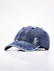 1pc Distressed Washed Denim Baseball Cap, Unisex Couple Style, Outdoor Versatile All Season Soft Crown Curved Brim Hat - Multicolor - View 9