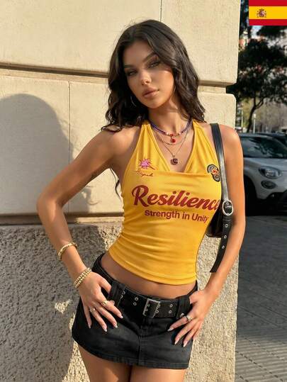 女款休閒西班牙風透視網紗垂領露背貼身短版背心，春夏女裝，世界盃