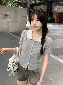 2026夏季新款灰色纹理针织短袖T恤，甜美清爽的少女风，装饰性短款上衣，优雅休闲百搭，适合通勤、约会、Y2K复古校园、海滩、派对、母亲节、婚礼季等场合。 - 灰色 - 查看 2