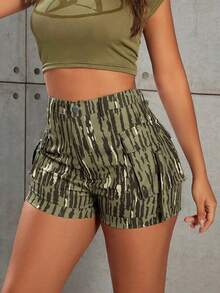Y2K Style Women's Summer Shorts, Elastic Waist With Back Ruffle Pocket Decor, Casual Comfortable Cargo Shorts With Vacation Vibe - Camouflage - View 7