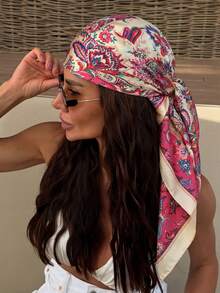 1 chiếc khăn/khăn bandana bằng satin in họa tiết hoa Paisley phong cách Bohemian cổ điển dành cho nữ, đa năng cho trang phục thường ngày và ngoài trời mùa xuân/hè, phù hợp cho kỳ nghỉ, du lịch, và trang phục retro. - màu trắng hồng - Xem 3