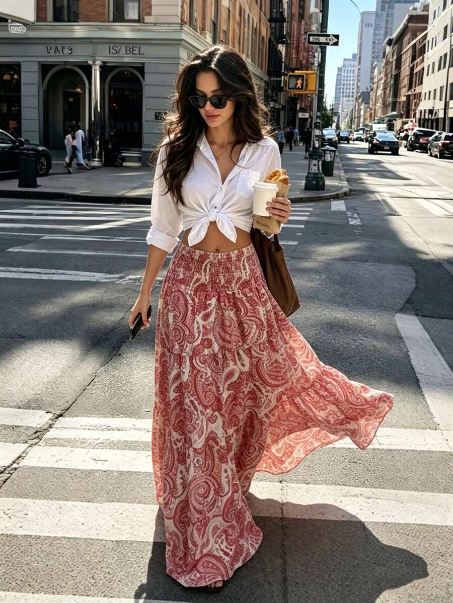 Chân váy dài xếp ly dáng chữ A phong cách Bohemian dành cho nữ, chất liệu vải lanh in họa tiết jacquard, thích hợp cho các buổi đi chơi mùa hè. - Hoa - Xem 1