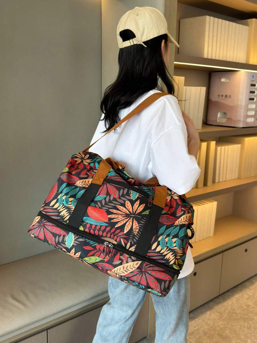 1pc Large Capacity Tropical Leaf Print Wet/Dry Separated Yoga Fitness Bag, Fashionable All-Season Travel Bag With Shoe Compartment - Multicolor - View 1