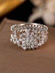 Kotak Hadiah Cincin Pita Lebar Perak, Desain Sangkar Burung Rumbai 3D, Batu Zirkonia Kubik Bertabur Penuh, Cincin Koktail Mewah untuk Wanita - Perak - View 15