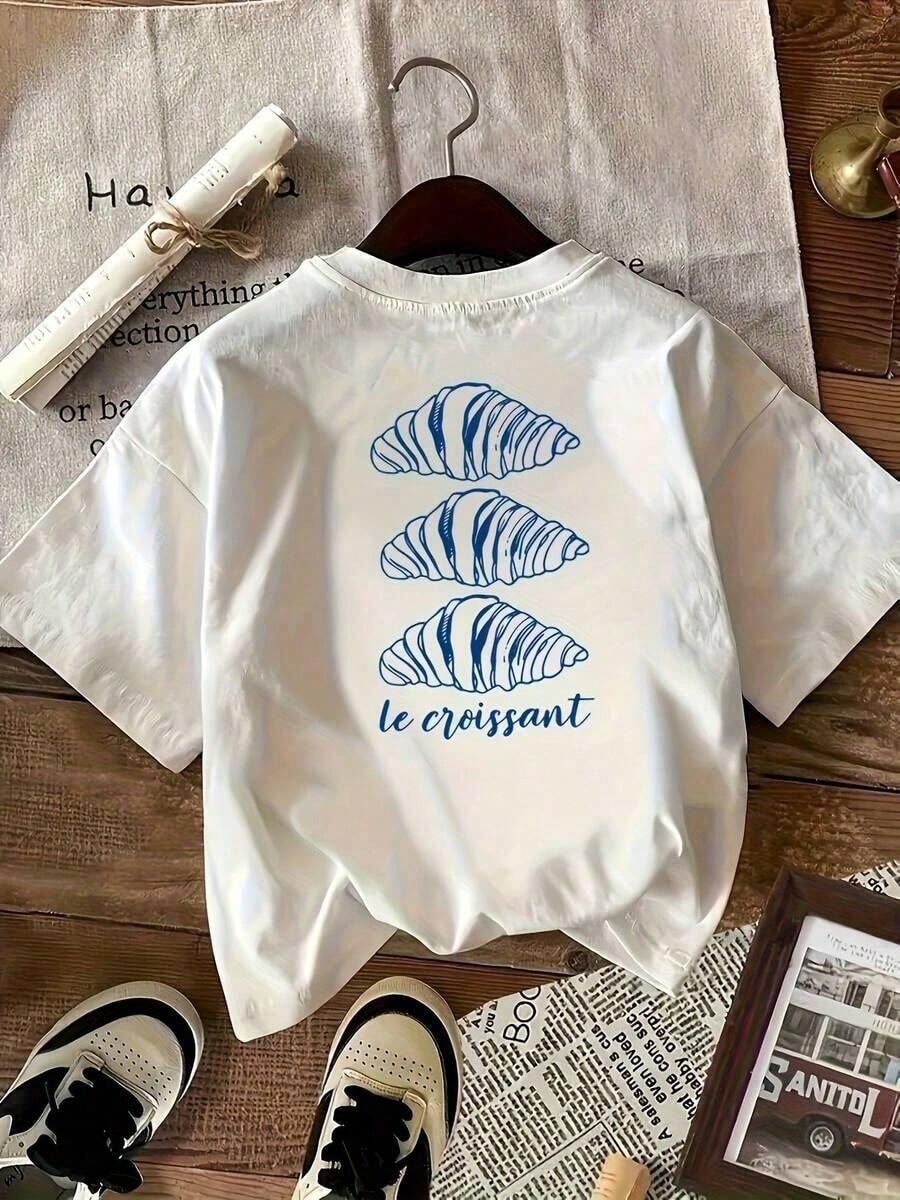 Women's Casual Short Sleeve Sports T-Shirt - White Croissant Print And French Text "Le Croissant", Semi-Sheer Round Neck, Machine Washable, All-Season Style, Everyday Wear, Fun Design, Breathable Fabric, Modern Print T-Shirt - 白色 - 查看 1