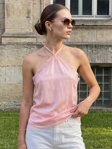 Womens Lace Trim Halter Tops Summer Fashionable Spaghetti Strap Open Back Satin Vest - Pink - View 3