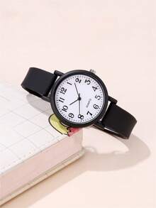 Set de 2 relojes de cuarzo con correa de silicona y esfera numérica minimalista + pulsera, reloj de moda para estudiantes - Negro - Ver 4