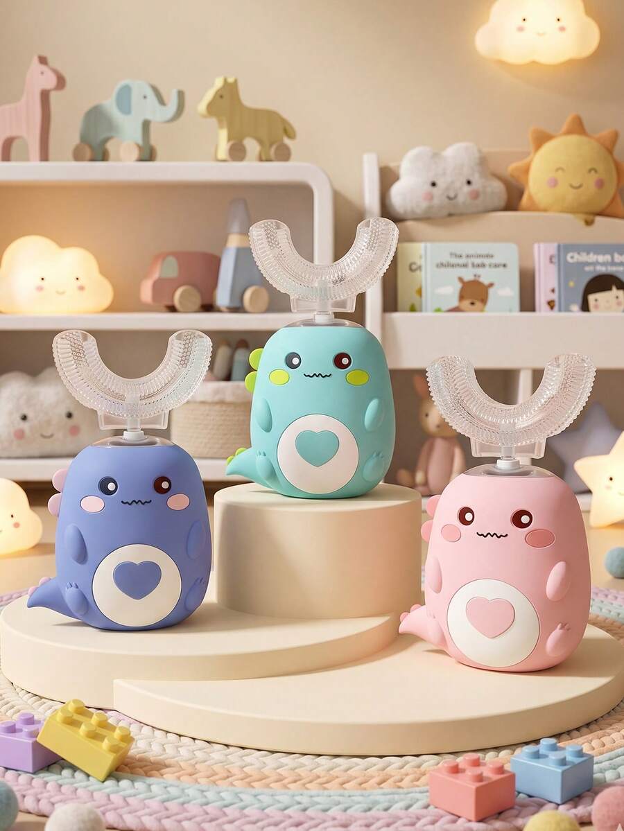 1入兒童U型電動牙刷附1個刷頭（電池容量：150mAh），3種模式自動360°溫和震動清潔，卡通恐龍IPX7防水設計，適合洗澡、玩耍及牙齦護理，父母、祖父母送給孩子的理想聖誕節、生日、開學禮物，最適合女士的聖誕禮物