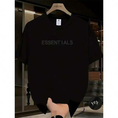 Camiseta Casual de Cuello Redondo para Hombre con Estampado ESSENTIALS - Blanca, Manga Corta, Corte Regular, Esencial para el Verano, Camiseta Relajada para Uso Diario, Tejido Cómodo