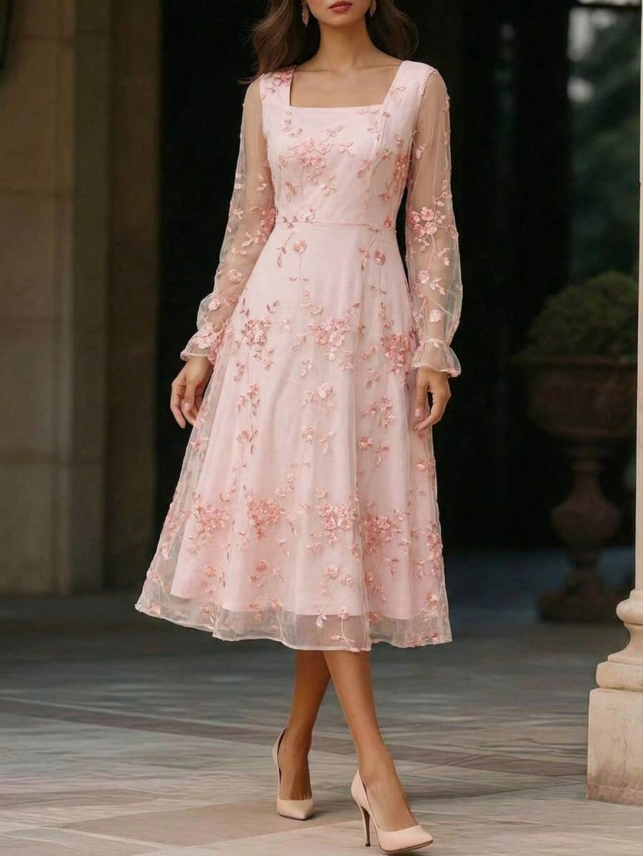 1 buah Gaun Wanita Elegan, Gaun Leher Persegi Bordir Jala untuk Liburan - Baby Pink - View 1