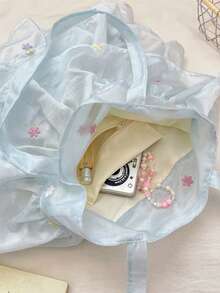 Ditsy Floral Layered Cake Tote Bag, Soft Chiffon Ruffle Korean Style Girl's Commute & School Large Capacity Shoulder Bag - Blue - View 6