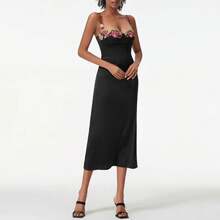 Vestido largo de satén con tirantes finos para mujer, vestido ajustado sin mangas con bordado de flores, vestido de cóctel para y Club de verano - Negro - Ver 3