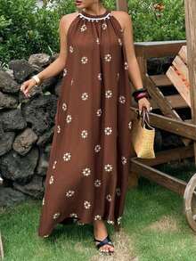 Plus Vestido sin mangas con estampado integral de lentejuelas y parches, vestidos de verano de estilo vacacional para mujeres de talla - Marrón - View 5