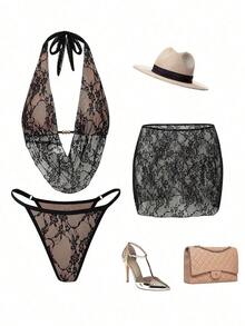 Swim  Conjunto de traje de baño de 3 piezas con parte superior de bikini halter sin espalda con encaje y cuentas, Bottom fruncida y falda de encaje, un conjunto de ropa de baño sexy y atrevido de vanguardia para mujeres, adecuado para primavera, vuelta al colegio, festival de música, vacaciones, San Valentín, Año Nuevo, Día de la Madre, Día Internacional de la Mujer, salida familiar - Café integral - Ver 8