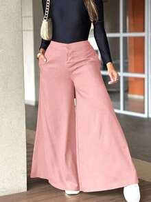 Pantalones anchos y sueltos de unicolor y casual para mujer, elegantes y minimalistas - Rosa - Ver 3