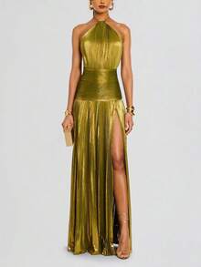 Women's Gold Halter Backless Party Long Dress With Slit Elegant & Sexy Sleeveless Prom Gown - 金色 - 查看 1