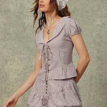 Blusa de estilo babydoll con cuello Peter Pan, manga corta con volantes y abotonadura - Rosa - Ver 5