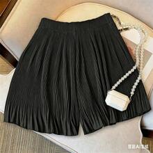 Pantalones cortos/falda plisada de unicolor, de moda versátil y holgada para mujer, para el verano - Negro - Ver 2
