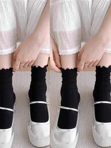 1 Pair White Thin Striped Ruffle Short Socks, High Elasticity Soft Breathable, Sweet Lolita Style, Perfect For Daily Casual Dating Lolita Outfits - Multicolor - View 18