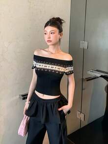 露肩彈性修身撞色針織短版T恤，貼身女款針織上衣黑色夏季款 - 黑色 - 查看 4
