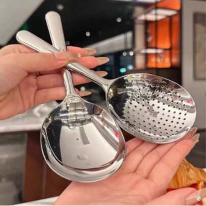 2pcs Stainless Steel Large Round Spoon Commercial And Home Kitchen Spoon, Large Serving Spoon With Heat-Resistant Short Handle, Drainage Hole For Easy Cleaning, Suitable For Restaurants, Catering, Home - Durable Stainless Steel Tableware, Restaurant Supplies Ergonomic Handle, Sturdy Structure, Professional Chef, Catering Supplies, Restaurant Supplies And Equipment, Serving Spoon, Hotel Buffet Serving Spoon, Soup Ladle, Slotted Spoon, Large Rice Spoon, Flour Scoop