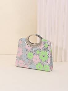 Floral Sequin Evening Clutch Bag For Women, Elegant Metal Ring Handle Handbag, Sparkly Formal Purse For Wedding Prom Party Cocktail Events, Glamorous Statement Clutch For Special Occasions - Silver - View 5